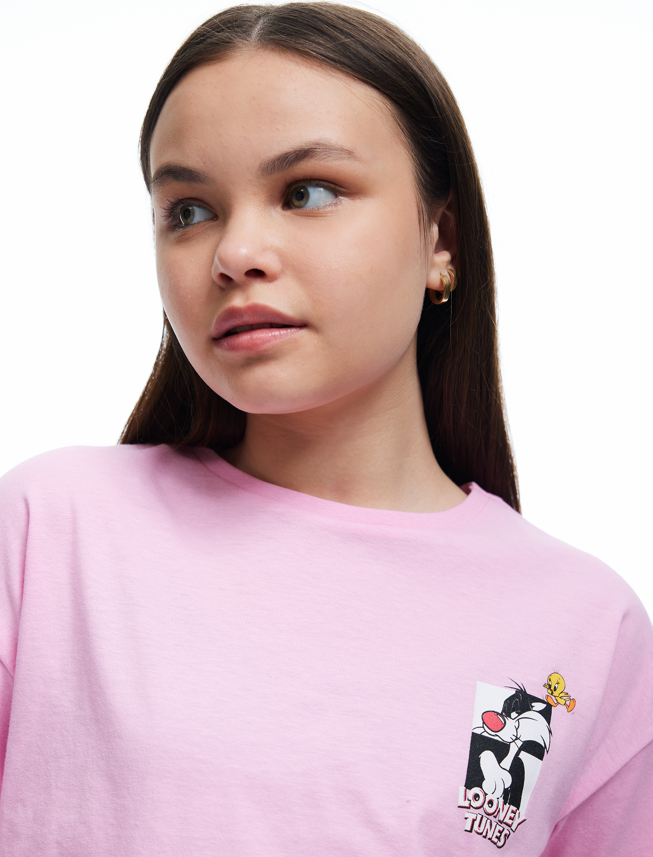  Kız Çocuk Oversize Tişört Lisanslı Slyvester Baskılı Kısa Kollu Bisiklet Yaka Pamuklu