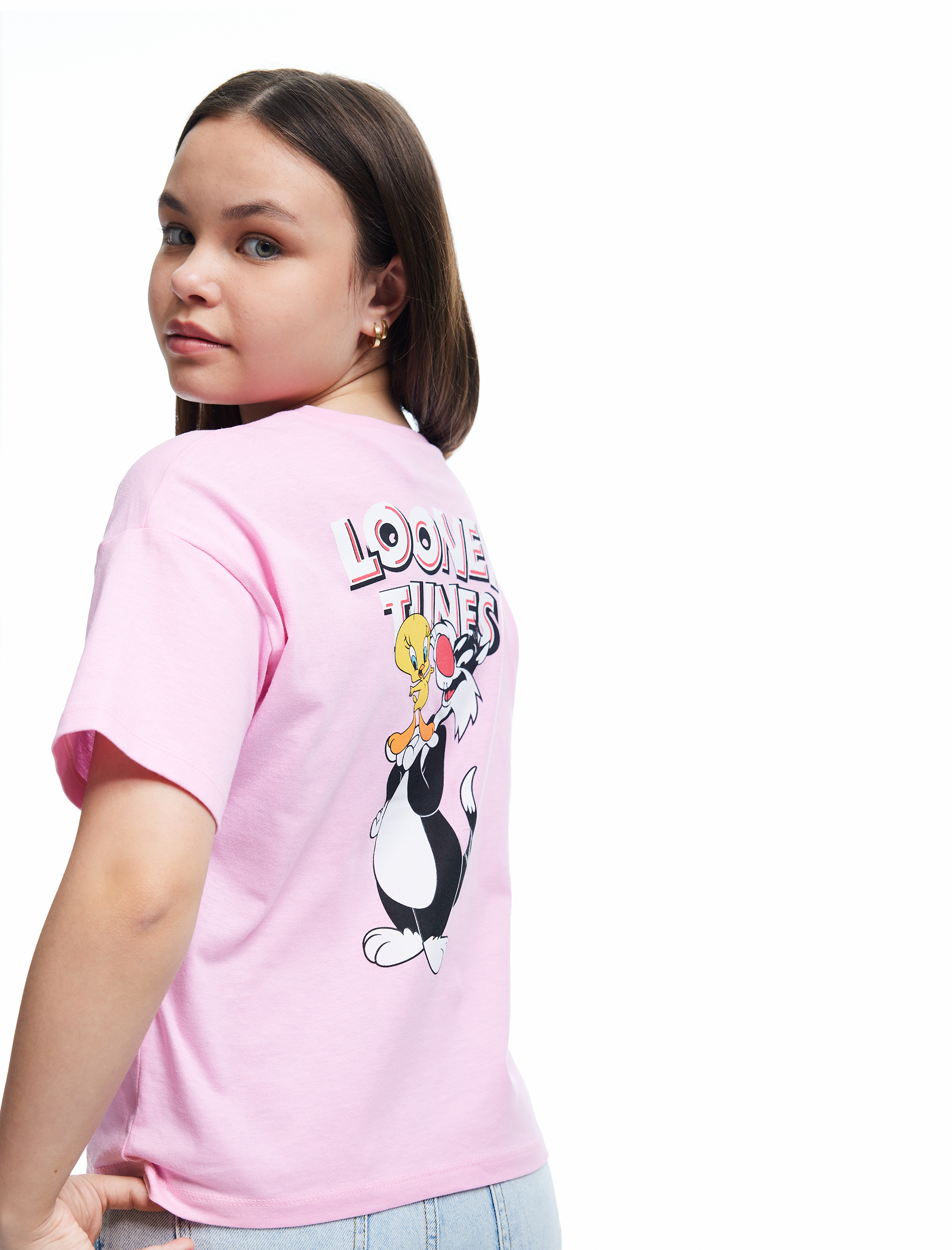  Kız Çocuk Oversize Tişört Lisanslı Slyvester Baskılı Kısa Kollu Bisiklet Yaka Pamuklu