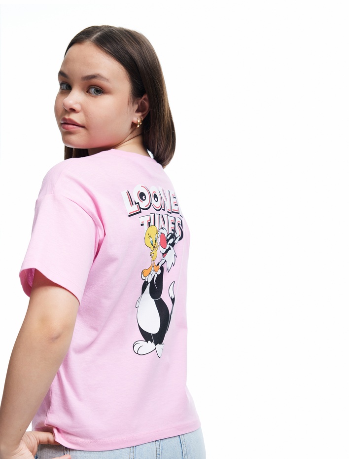 Kız Çocuk Oversize Tişört Lisanslı Slyvester Baskılı Kısa Kollu Bisiklet Yaka Pamuklu