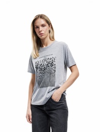 Leopar Baskılı Bisiklet Yaka Kısa Kollu Tişört