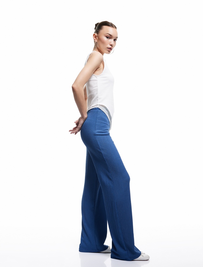  Beli Bağcıklı Yüksek Bel Bol Paça Bürümcük Rahat Kalıp Pantolon