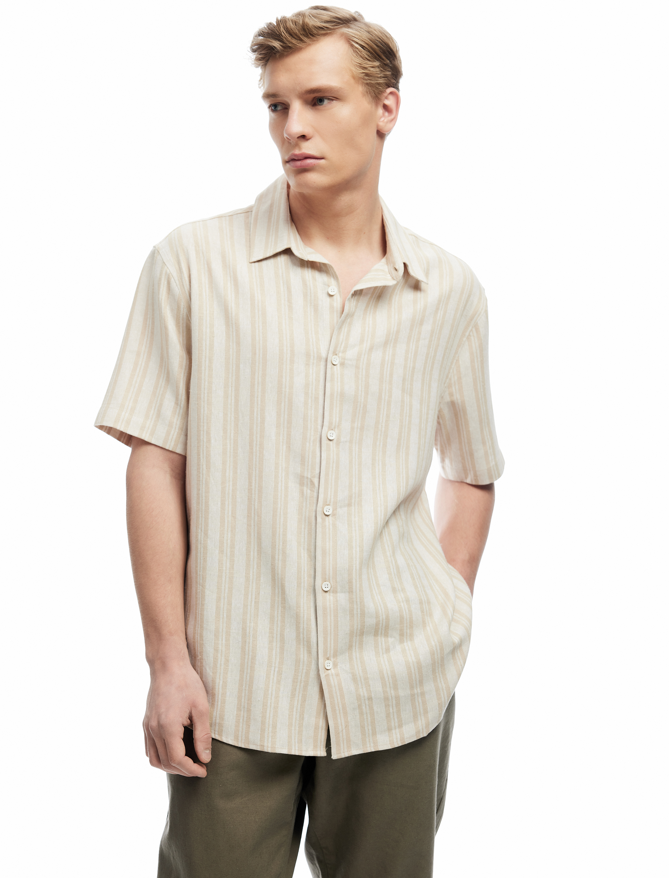   Kısa Kollu Regular Fit Çizgili Keten Karışımlı Gömlek