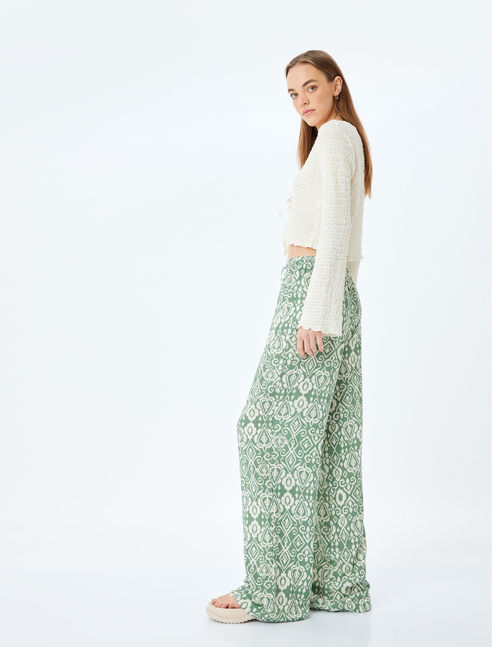  Beli Bağcıklı Desenli Viskon Geniş Paça Pantolon