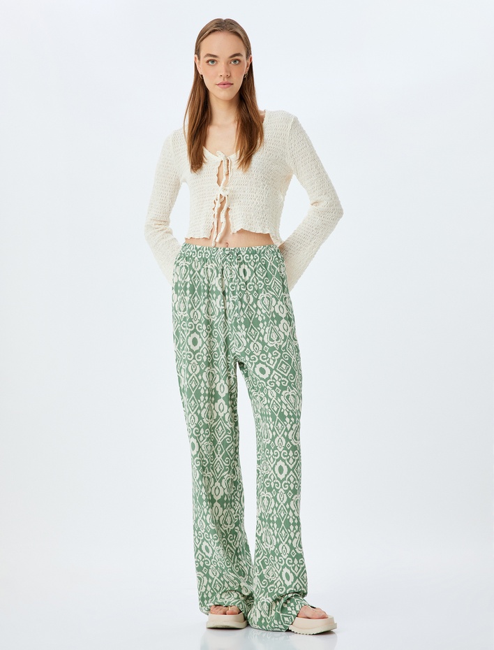  Beli Bağcıklı Desenli Viskon Geniş Paça Pantolon