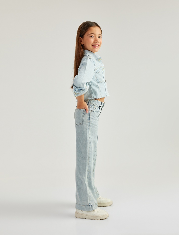 Kız Çocuk Cep Detaylı Bol Paça Pamuklu Denim Pantolon