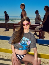 Stitch Lisanslı Baskılı Kısa Kollu Bisiklet Yaka Oversize Tişört