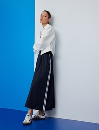 Pamuklu Yanları Çizgili Cepli Midi Boy Kloş Etek