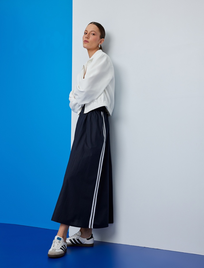  Pamuklu Yanları Çizgili Cepli Midi Boy Kloş Etek