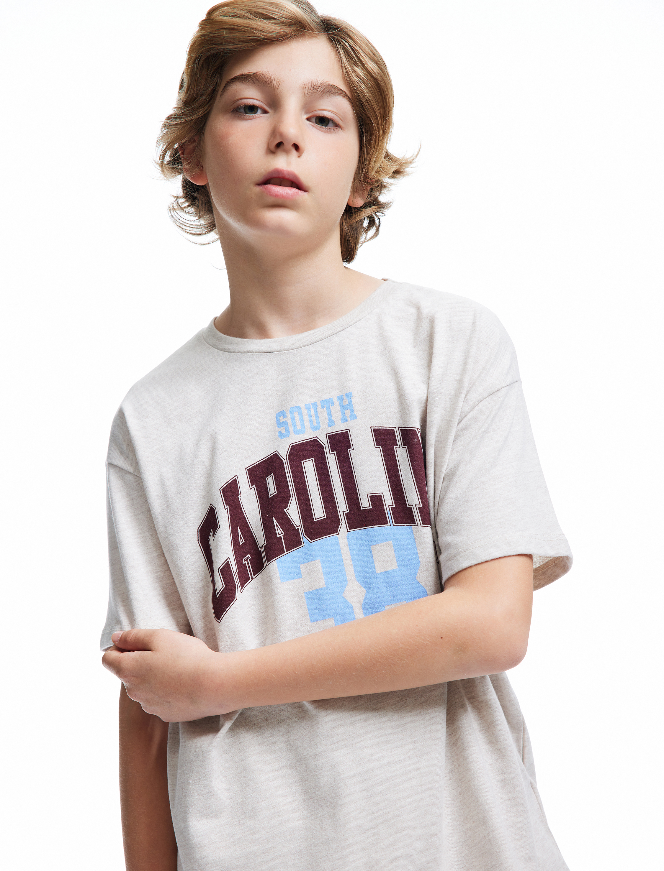  Erkek Çocuk Slogan Baskılı Bisiklet Yaka Kısa Kollu Oversize Tişört