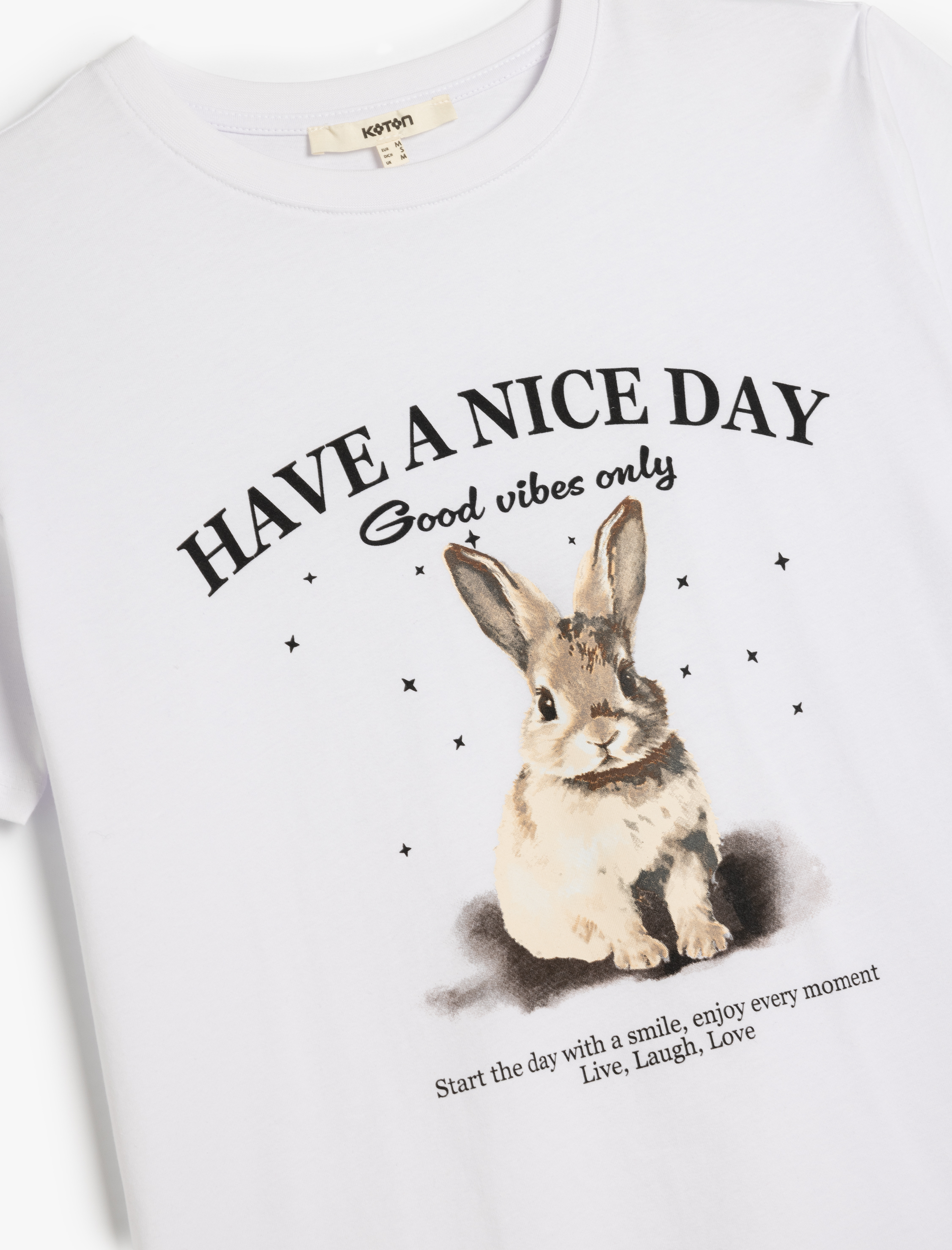   Tavşan Baskılı Bisiklet Yaka Kısa Kollu Pamuklu Tişört