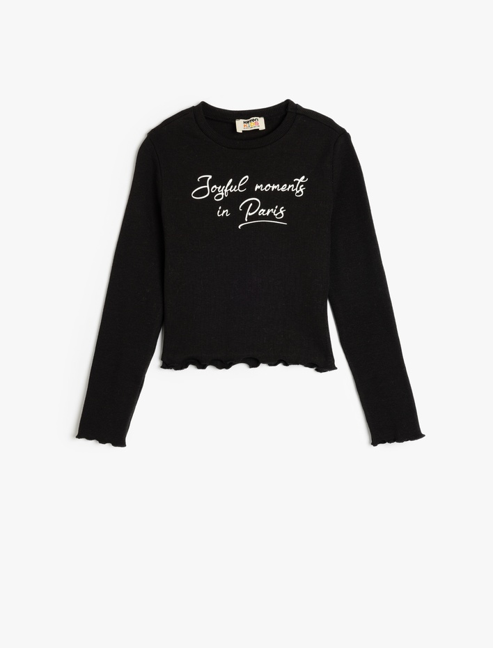 Kız Çocuk Slogan Baskılı Bisiklet Yaka Uzun Kollu Pamuklu Tişört