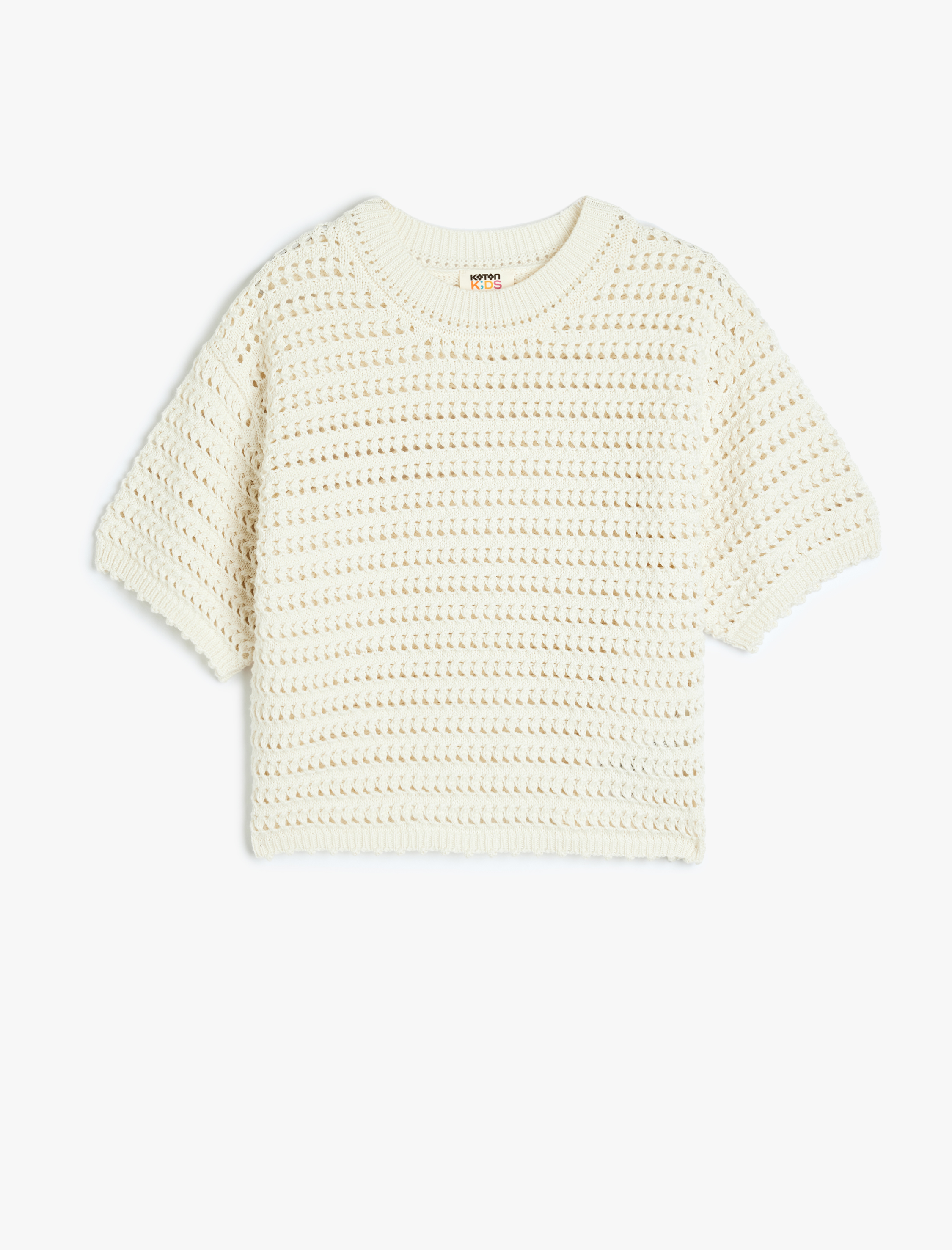  Kız Çocuk Kısa Kollu Bisiklet Yaka Ajurlu Triko Tişört