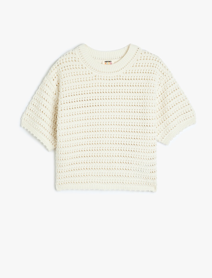 Kız Çocuk Kısa Kollu Bisiklet Yaka Ajurlu Triko Tişört