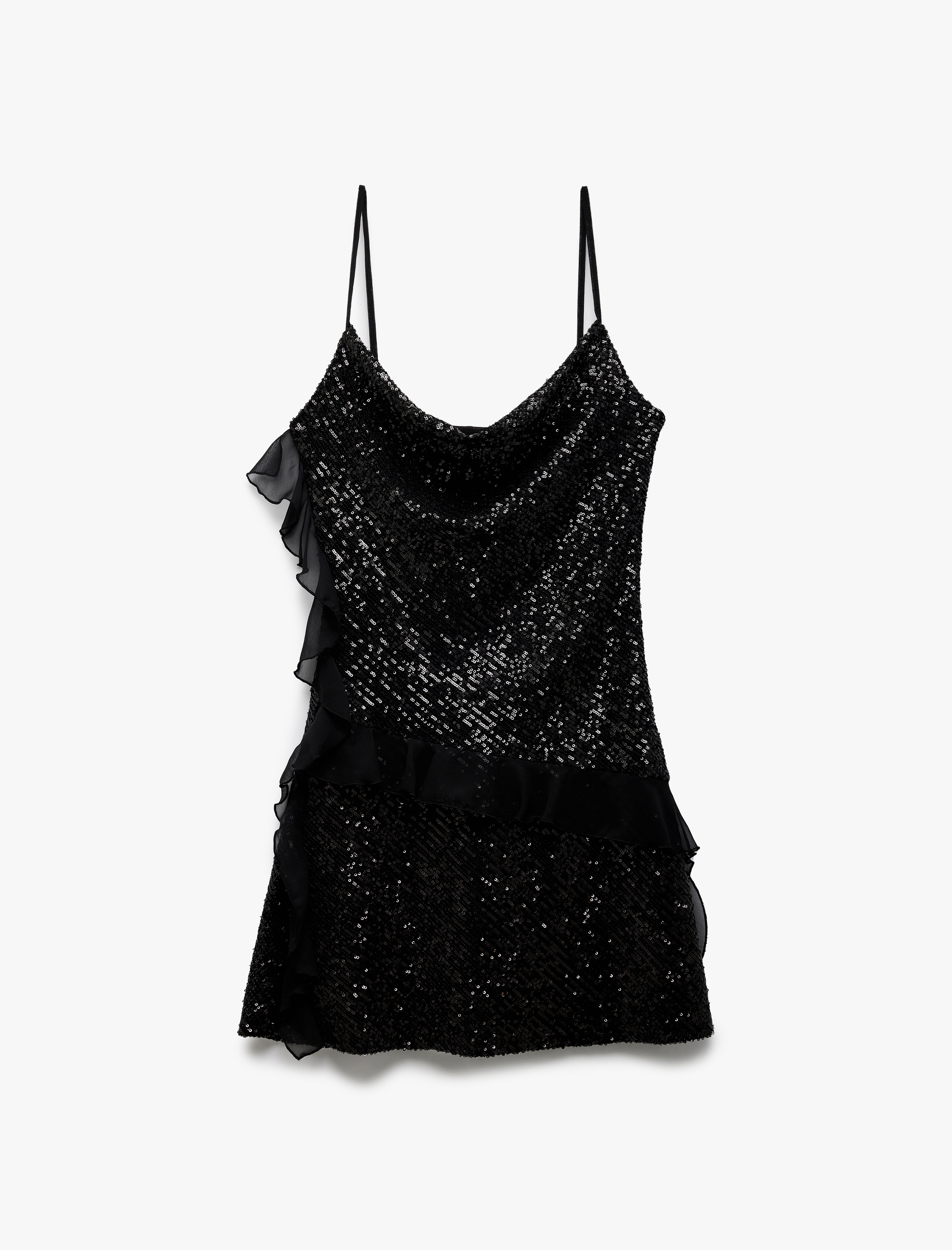   Pullu Payetli Askılı Degaje Yaka Tül Detaylı Mini Abiye Elbise