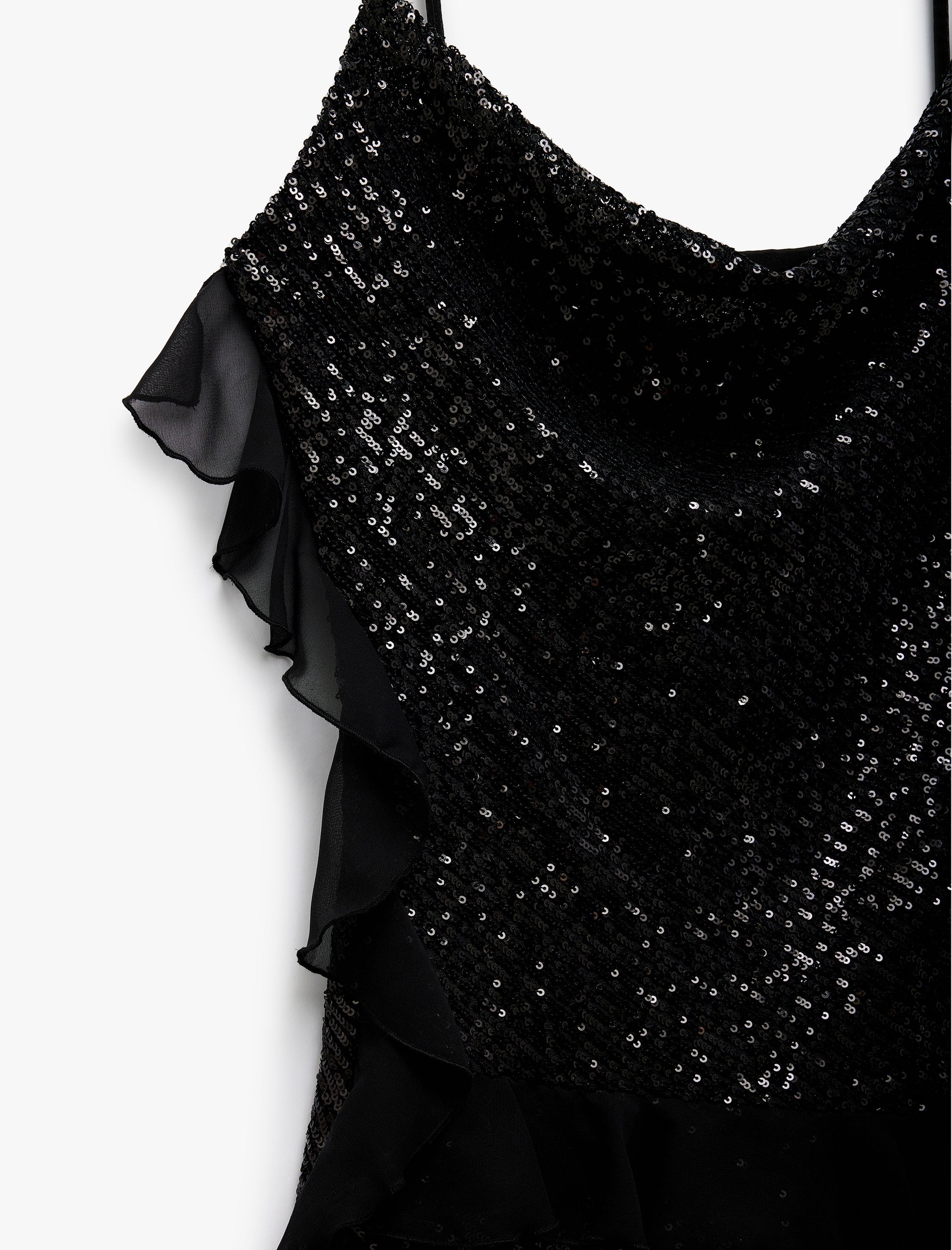   Pullu Payetli Askılı Degaje Yaka Tül Detaylı Mini Abiye Elbise