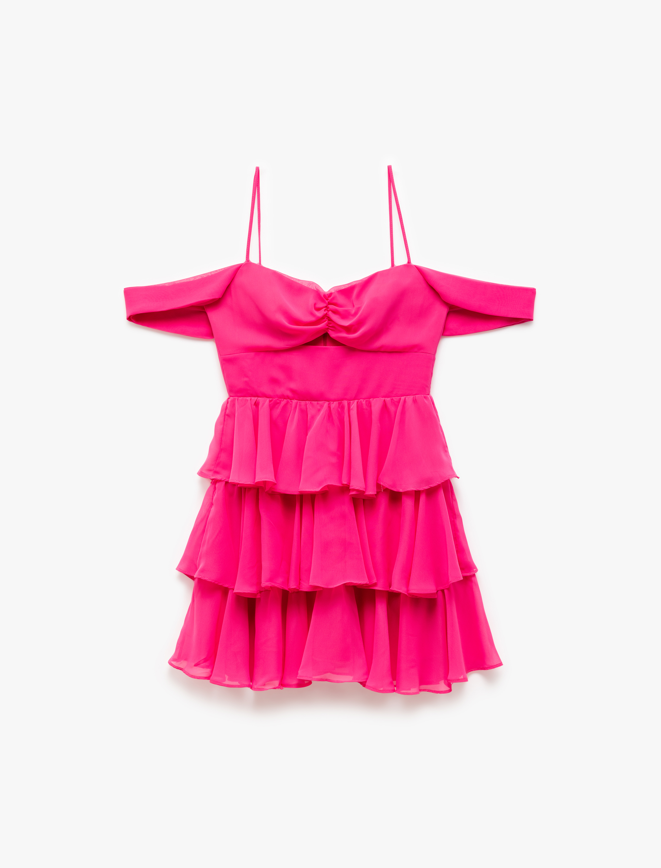   Katlı Volanlı Kısa Kollu Kalp Yaka Mini Elbise