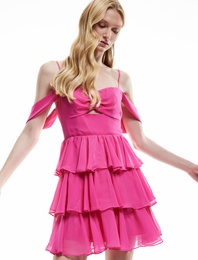 Katlı Volanlı Kısa Kollu Kalp Yaka Mini Elbise