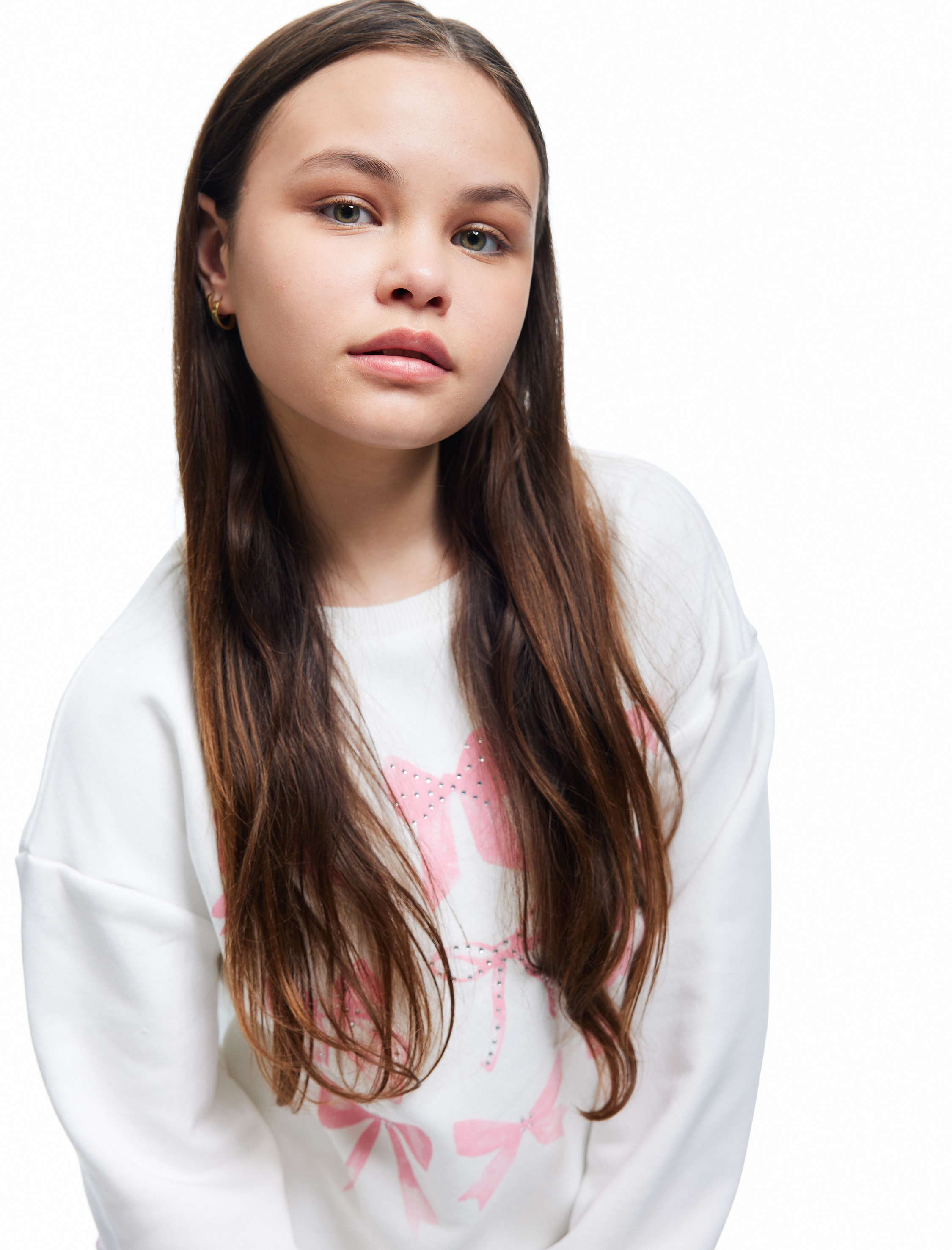  Kız Çocuk Taş Detaylı Fiyonk Baskılı Uzun Kollu Pamuklu Sweatshirt