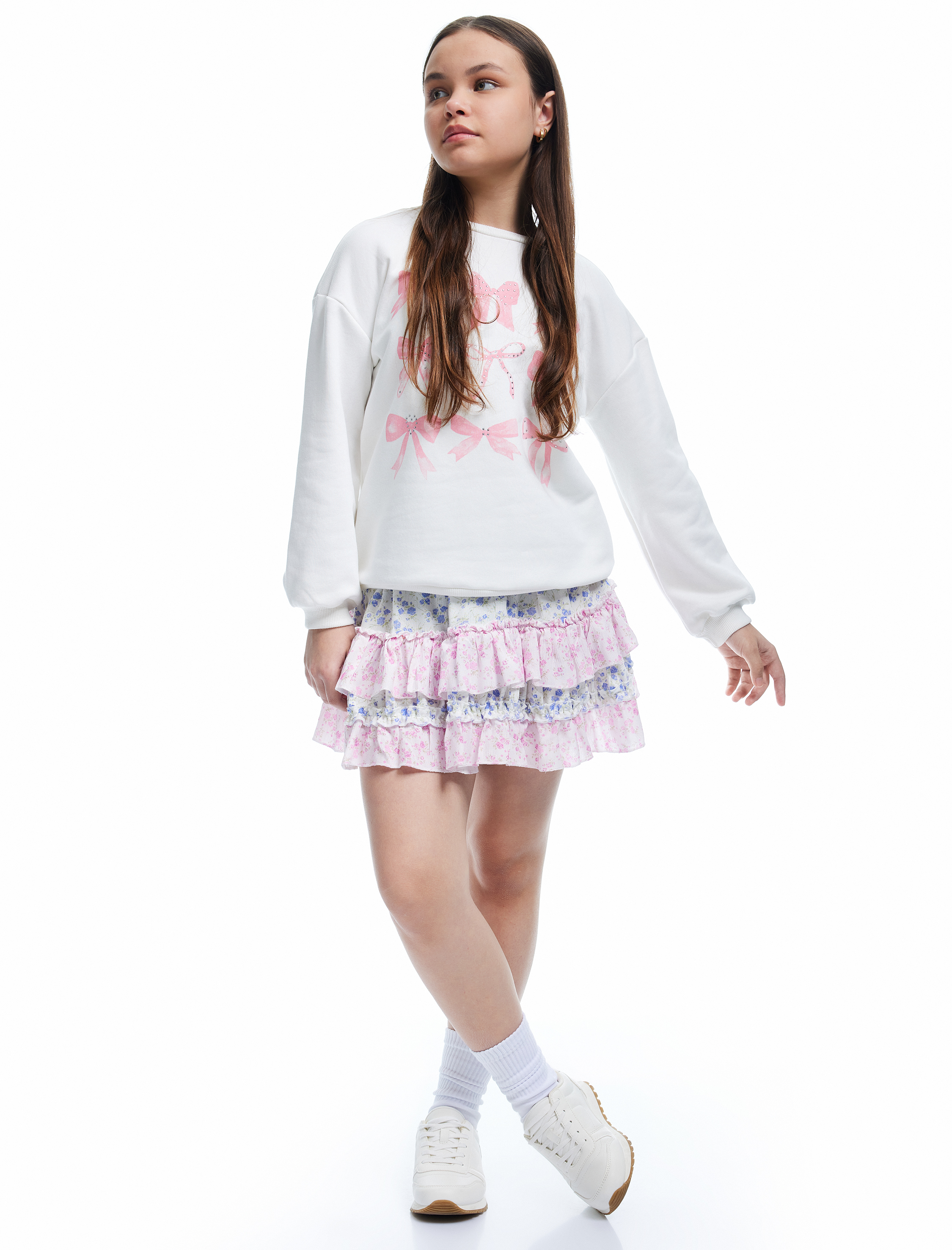  Kız Çocuk Taş Detaylı Fiyonk Baskılı Uzun Kollu Pamuklu Sweatshirt