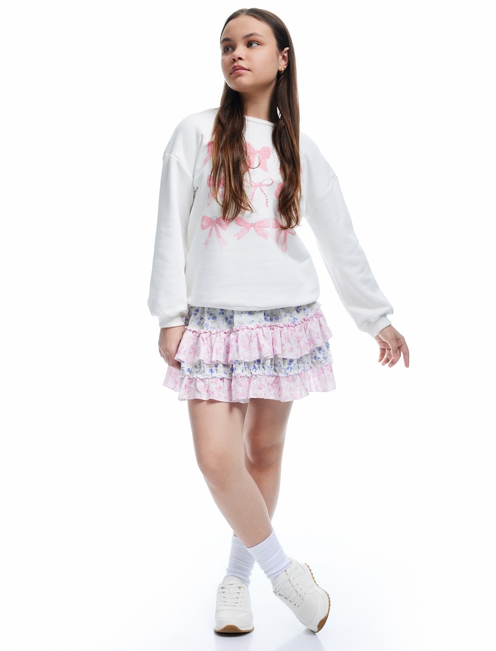 Kız Çocuk Taş Detaylı Fiyonk Baskılı Uzun Kollu Pamuklu Sweatshirt