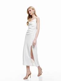 Yırtmaç Detaylı Degaje Yaka Kolsuz Drapeli Uzun Elbise