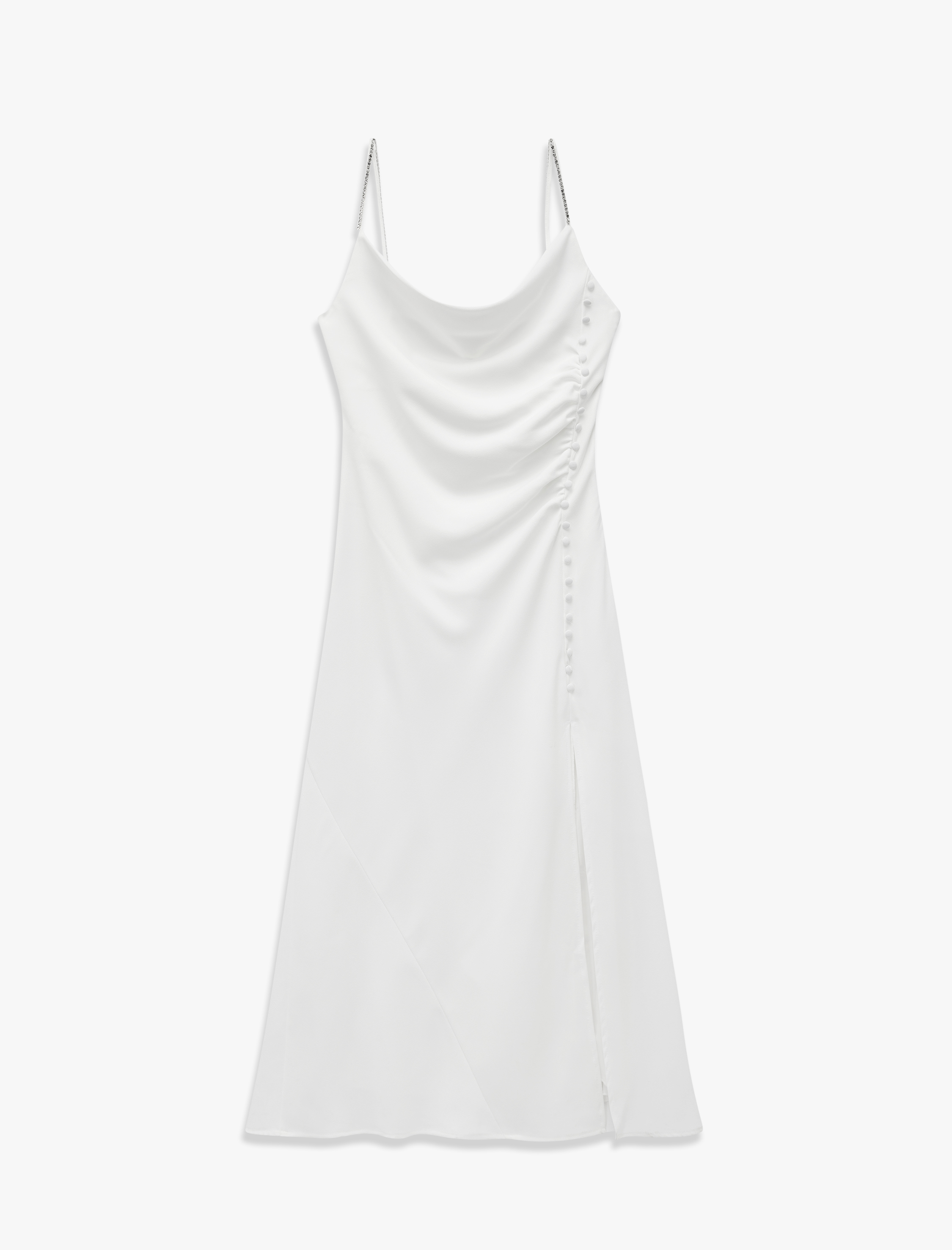   Yırtmaç Detaylı Degaje Yaka Kolsuz Drapeli Uzun Elbise