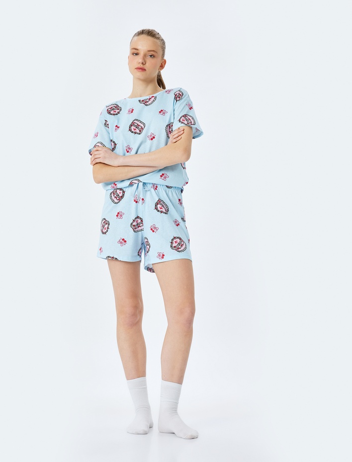  Pamuklu Baskılı Kısa Kollu Kadın Şortlu Pijama Takımı
