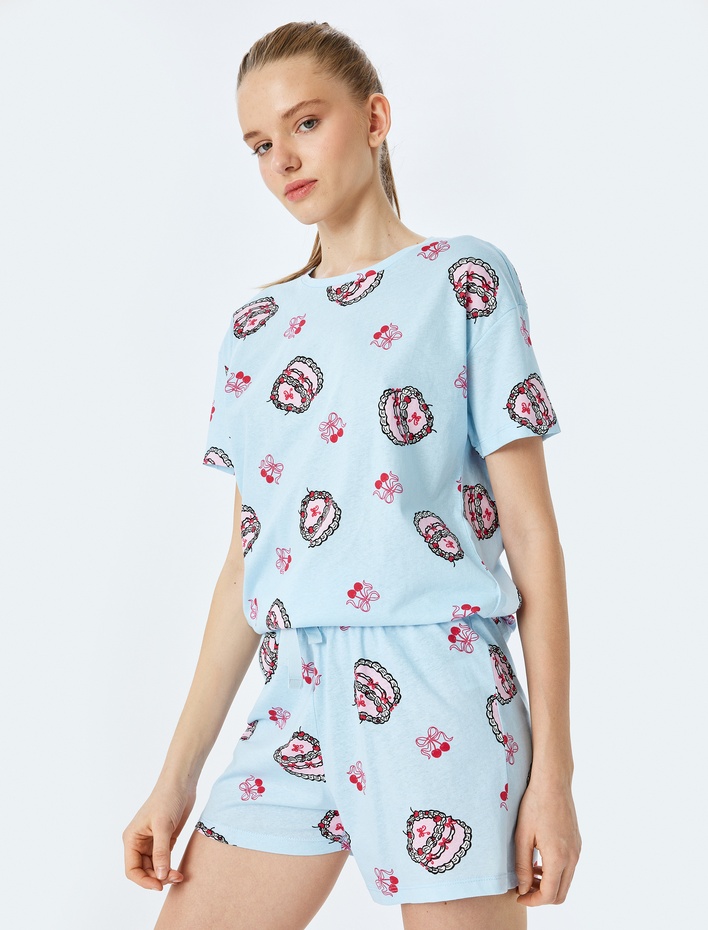  Pamuklu Baskılı Kısa Kollu Kadın Şortlu Pijama Takımı