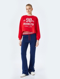 Şardonlu Kolej Baskılı Bisiklet Yaka Crop Sweatshirt