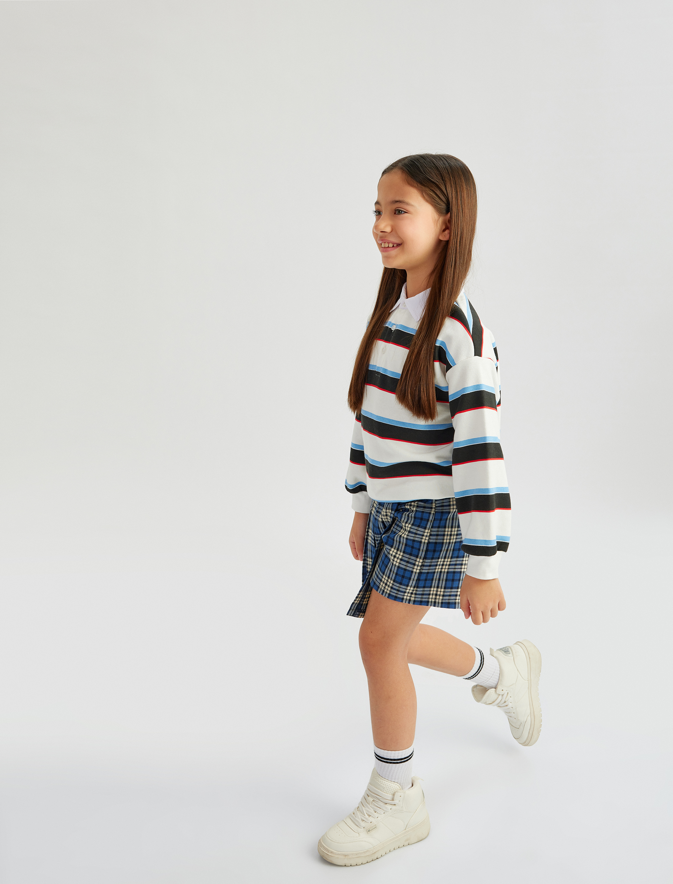  Kız Çocuk Ekoseli Kemer Detaylı Viskon Karışımlı Şort Etek