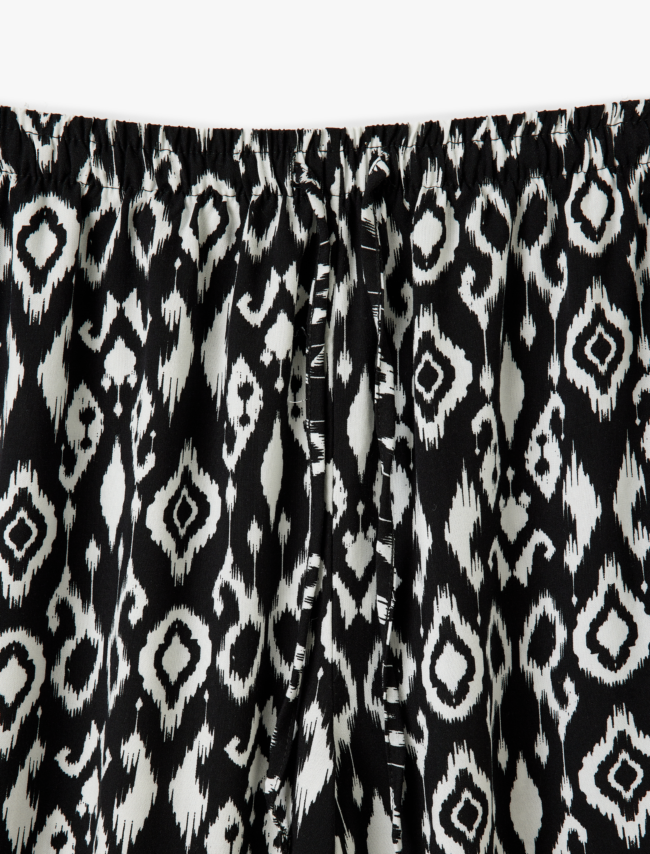   Etnik Desenli Beli Bağcıklı Viskon Geniş Paça Pantolon