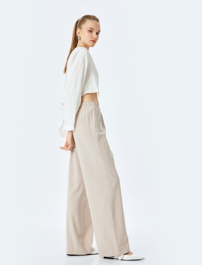  Viskon Karışımlı Beli Bağcıklı Çizgili Bol Paça Pantolon