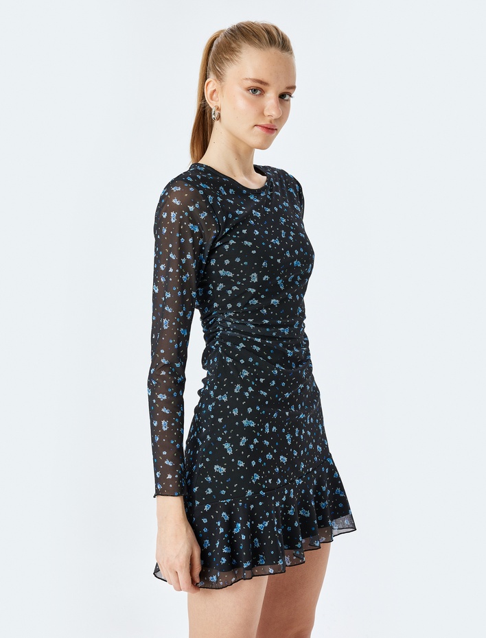  Çiçekli Bisiklet Yaka Drapeli Uzun Kollu Mini Elbise