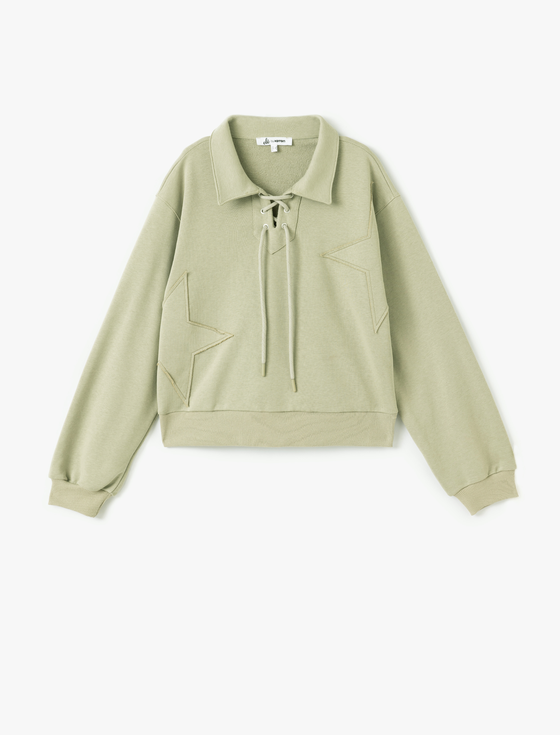   Yıldız İşlemeli Bağcıklı Crop Gömlek Yaka Sweatshirt