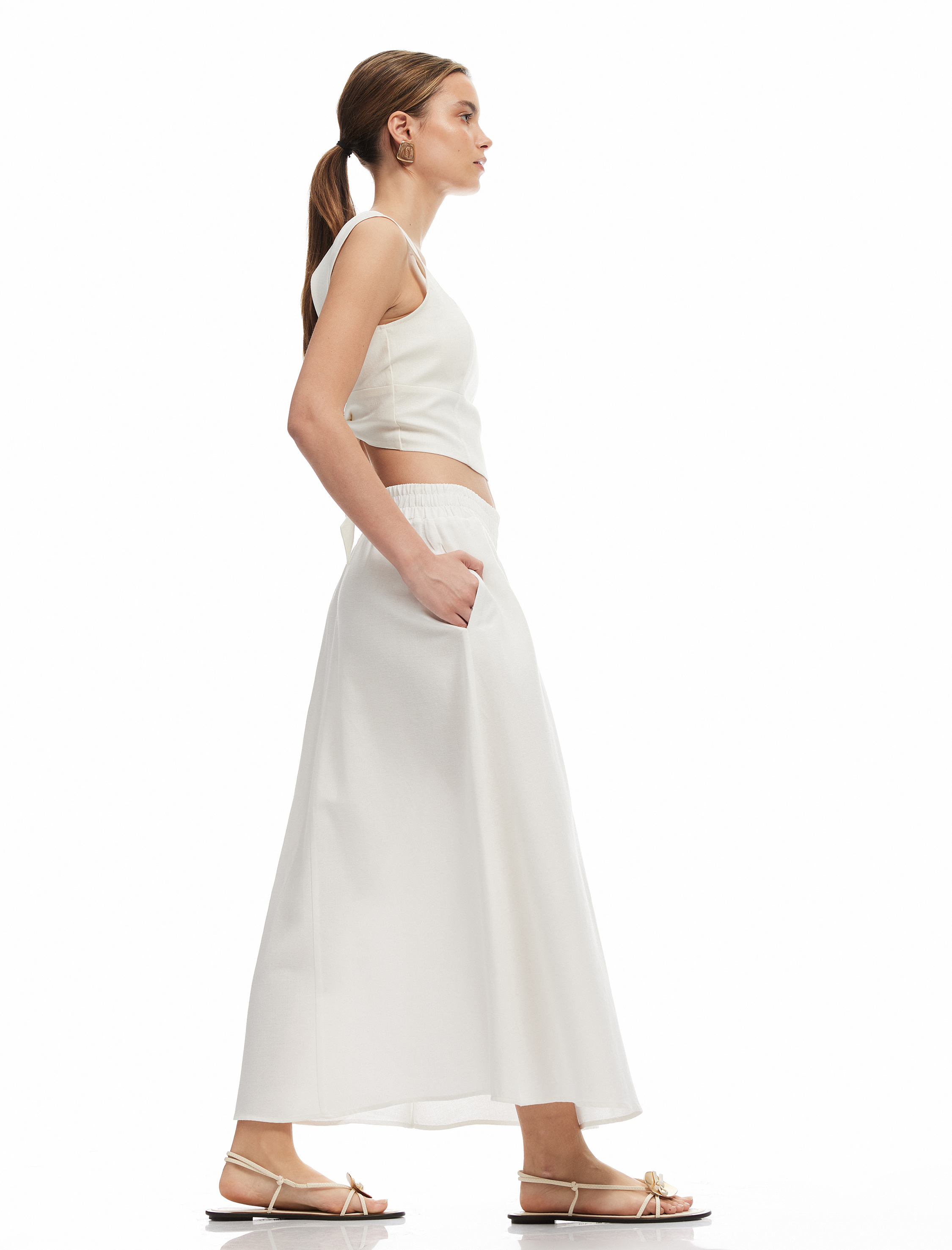   Rahat Kalıp Viskon-Keten Karışımlı Cepli Uzun Kloş Etek