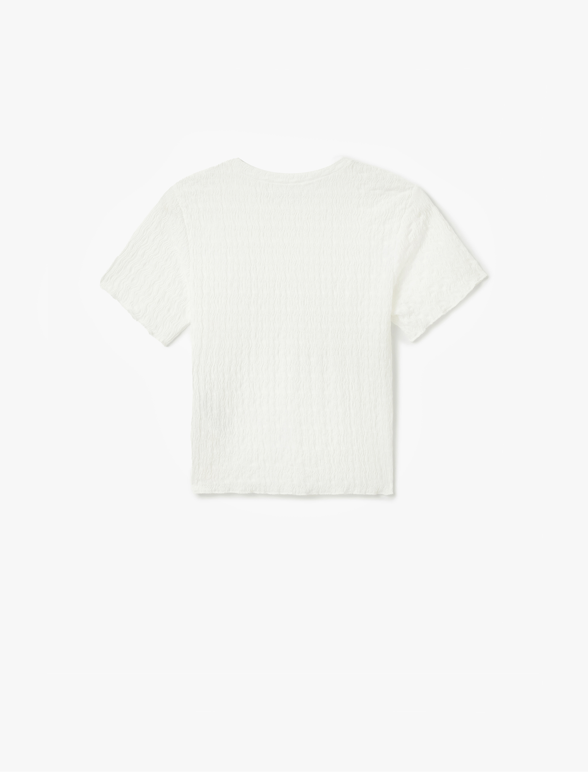   Basic Kısa Kollu Bisiklet Yaka Dokulu Crop Tişört Bürümcük