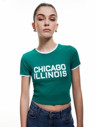 Pamuklu Bisiklet Yaka Kısa Kollu Kolej Temalı Baskılı Kadın Tişört