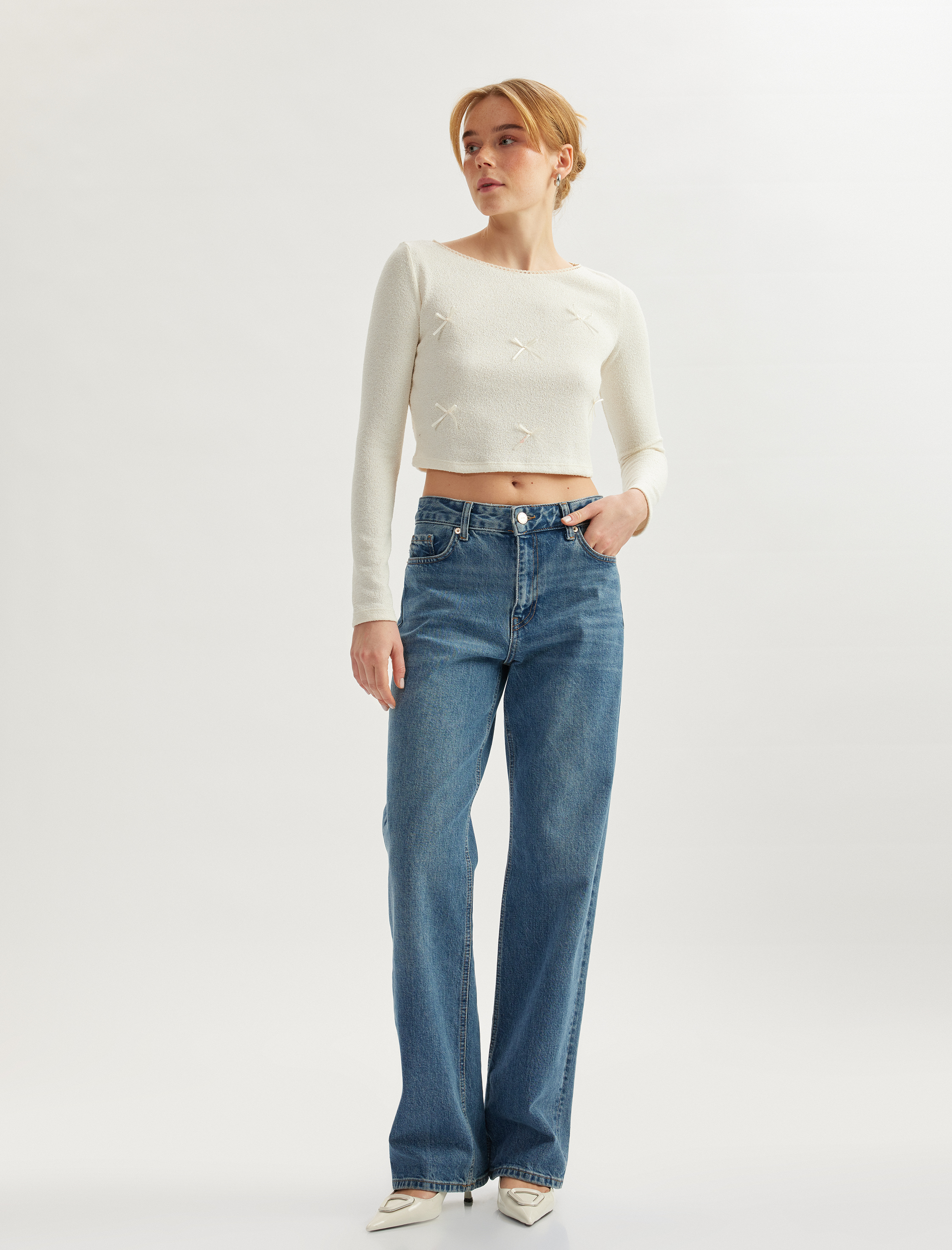   Modal Kumaş Fiyonk Detaylı Yuvarlak Yaka Kadın Uzun Kollu Kadın Tişört