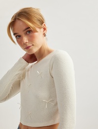 Modal Kumaş Fiyonk Detaylı Yuvarlak Yaka Kadın Uzun Kollu Kadın Tişört