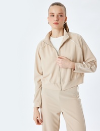 Dik Yaka Uzun Kollu Fermuarlı Biyeli Sweatshirt