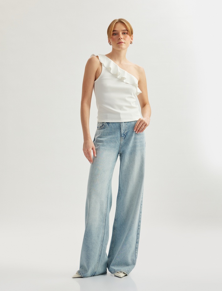  Fırfır Detaylı Kolsuz Tek Omuz Bluz