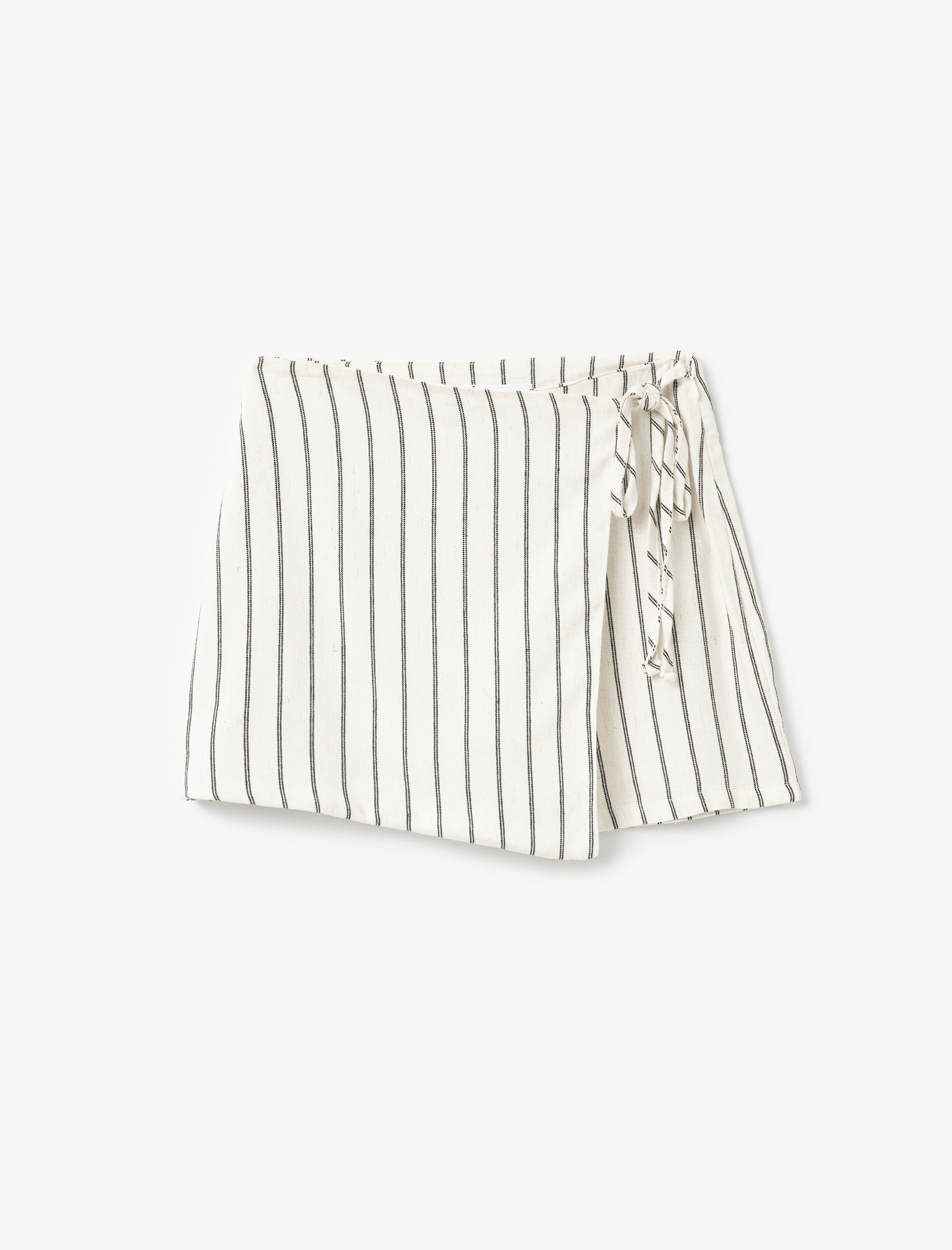   Keten Karışımlı Bağlama Detaylı Çizgili Şort Etek