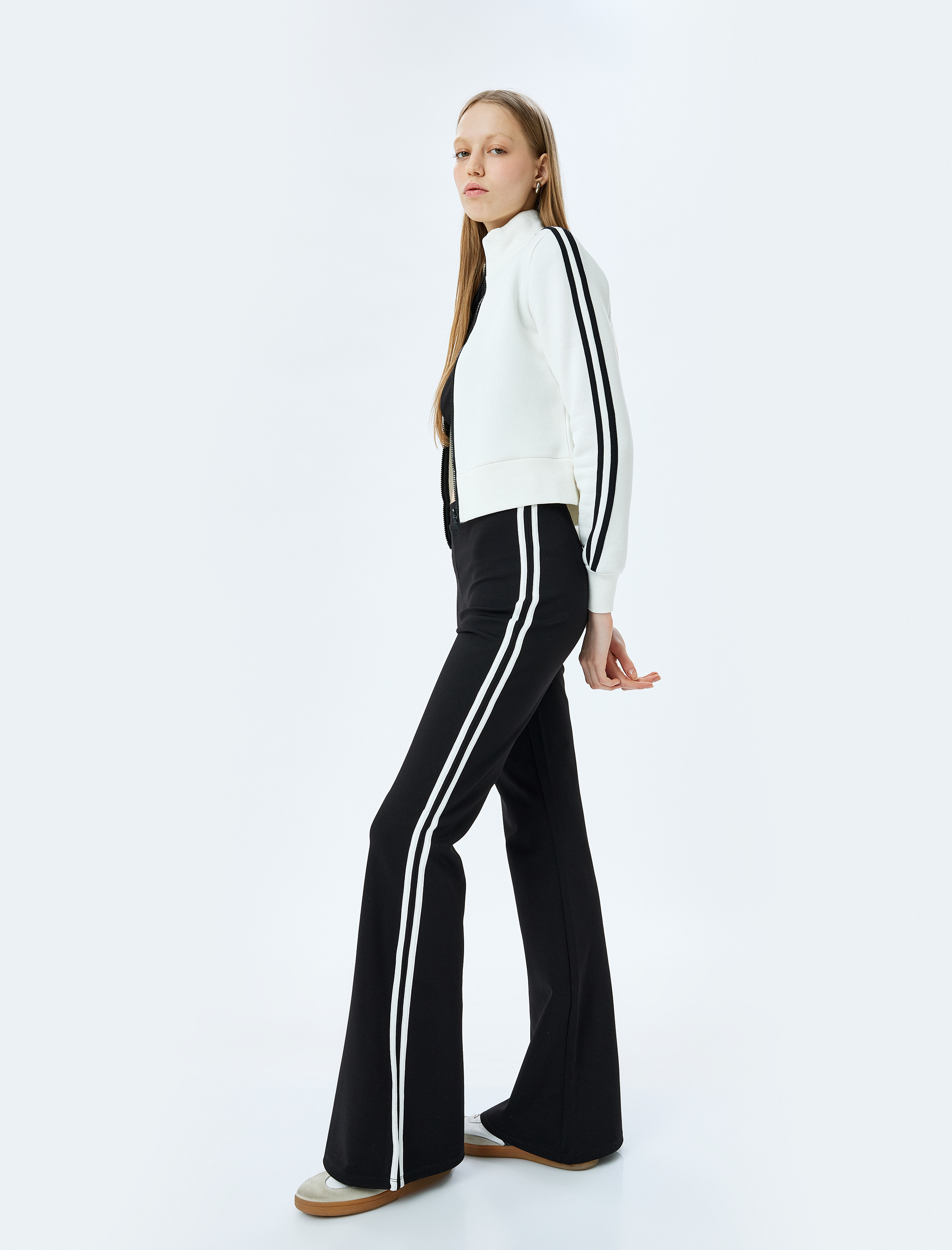   Yüksek Bel Viskon Karışımlı Şerit Detaylı İspanyol Paça Tayt