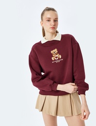 Şardonlu Ayı Nakışlı Uzun Kollu Bisiklet Yaka Oversize Sweatshirt