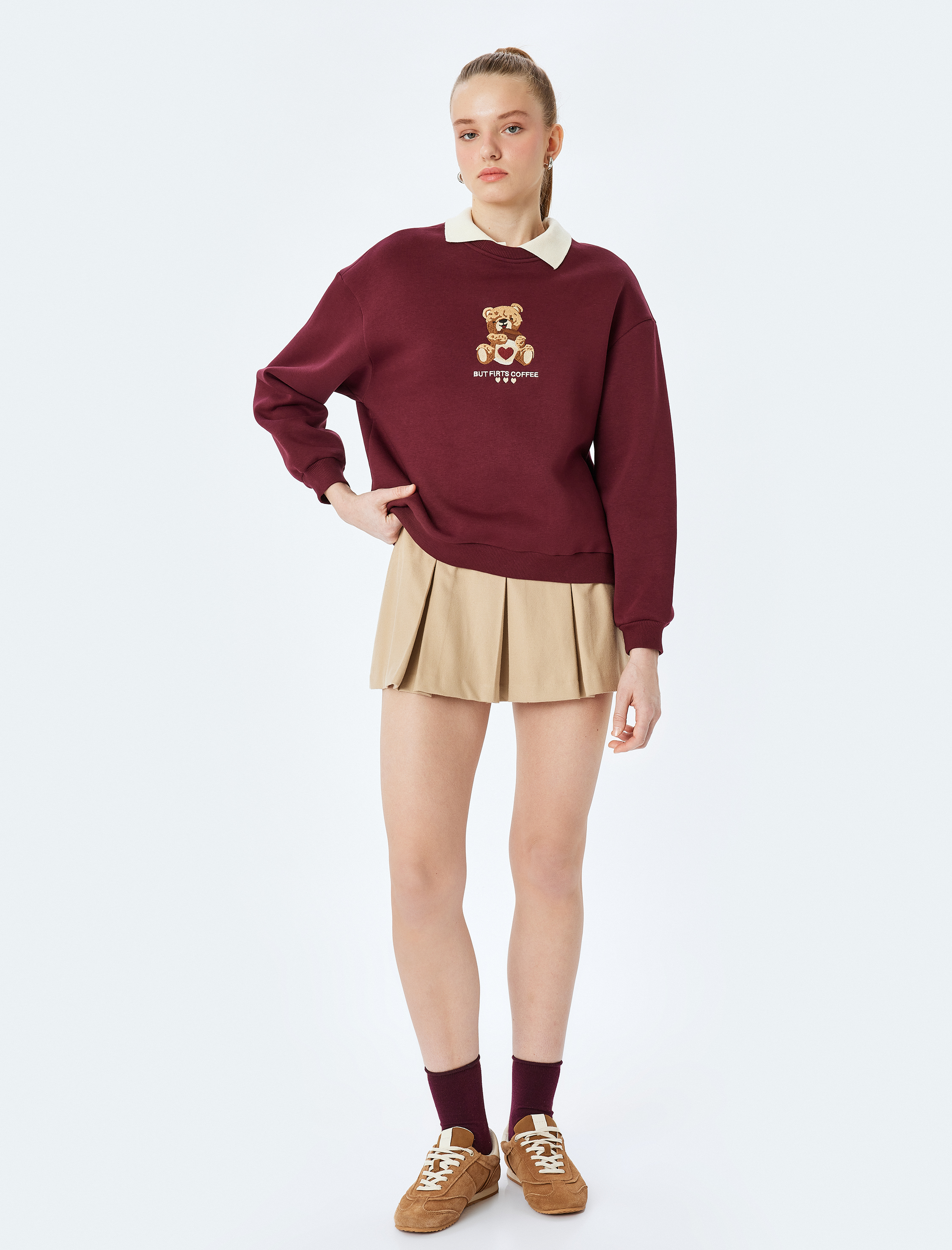   Şardonlu Ayı Nakışlı Uzun Kollu Bisiklet Yaka Oversize Sweatshirt