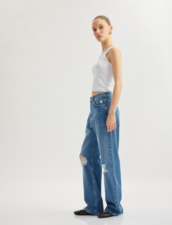  Yüksek Bel Yıpratma Detaylı Pamuklu Denim Pantolon - Straight Jeans