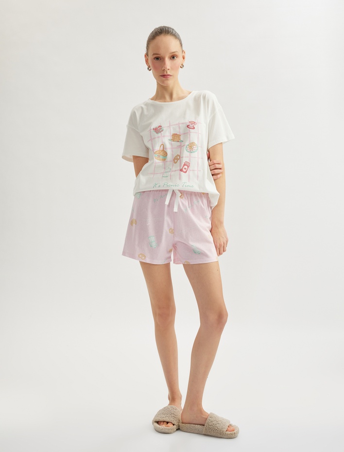  Baskılı Bisiklet Yaka Kısa Kollu Pamuklu Şortlu Pijama Takımı