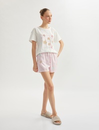 Baskılı Bisiklet Yaka Kısa Kollu Pamuklu Şortlu Pijama Takımı