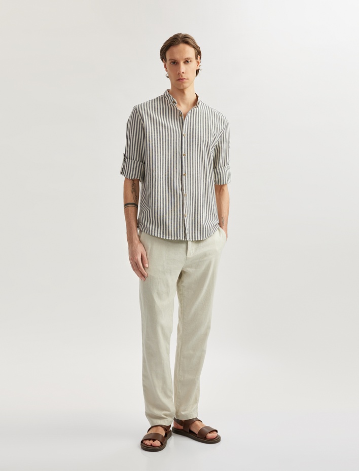  Pamuklu Çizgili Regular Fit Uzun Kollu Hakim Yaka Gömlek