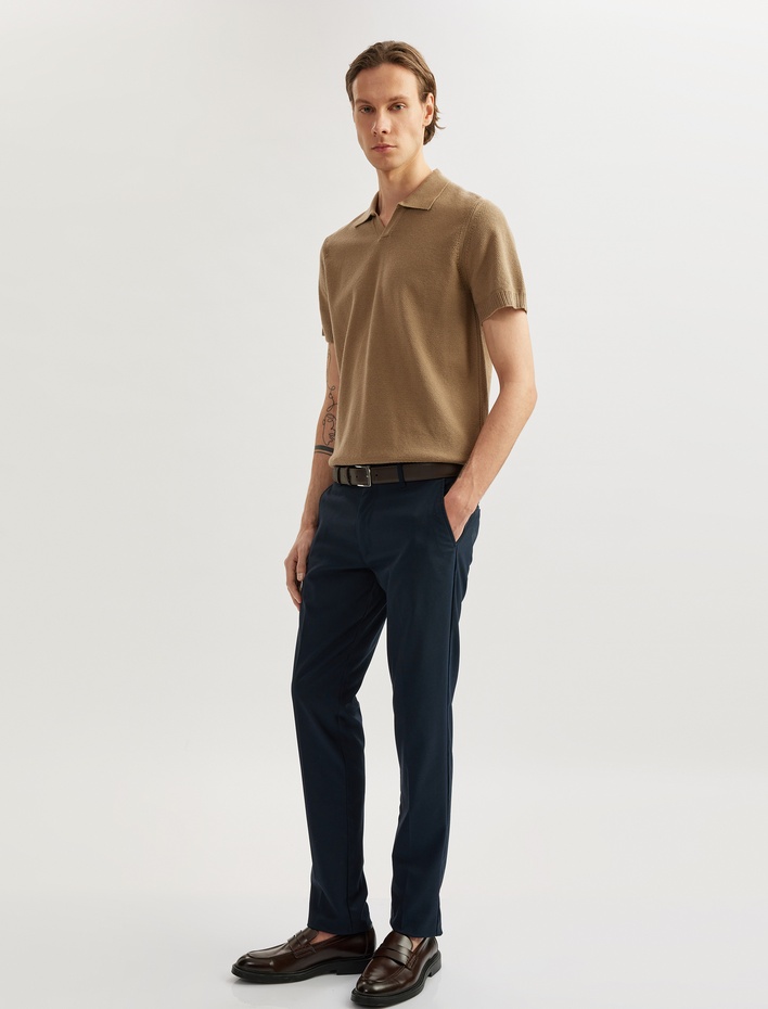  Pamuk Keten Karışımlı Polo V Yaka Kısa Kollu Triko Tişört